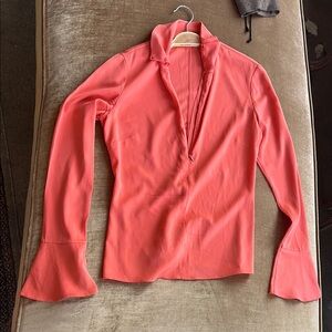 Silk Simi Couture Blouse Coral color Bell cuffs High neck Snaps closure Circa 90